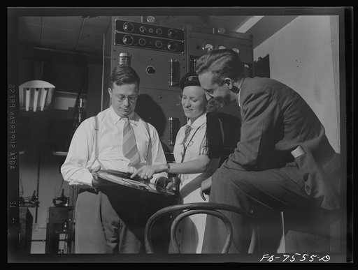 Washington, D.C. Foreign students at the International student assembly recording short talks in their native language, to be broadcast by shortwave after censorship by the Office of War Information (OWI) to Nazi-held territory. Filla, a Norwegian, was interested in the method used in recording