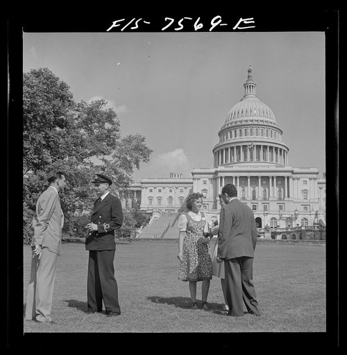 Washington, D.C. International student assembly. Left to right: Diana Mowrer, a U.S. delegate, a student at Wellesley College, Sub Lieutenant Richard Miles of Great Britain; Barbro Skagerlind, a delegate from Sweden; Abd El Hamid Zaki, a delegate from Egypt; on the Capitol grounds