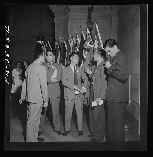 Washington, D.C. International youth assembly. British and Chinese delegates in the lobby