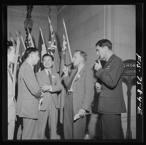 Washington, D.C. International youth assembly. British and Chinese delegates in the lobby