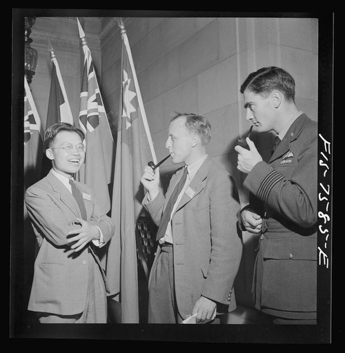Untitled photo, possibly related to: Washington, D.C. International youth assembly. British and Chinese delegates in the lobby