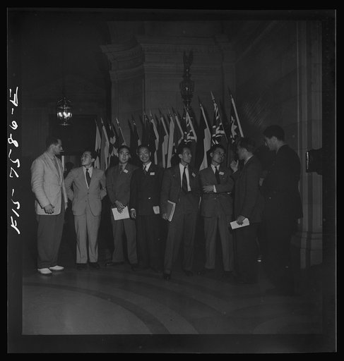 Untitled photo, possibly related to: Washington, D.C. International youth assembly. British and Chinese delegates in the lobby
