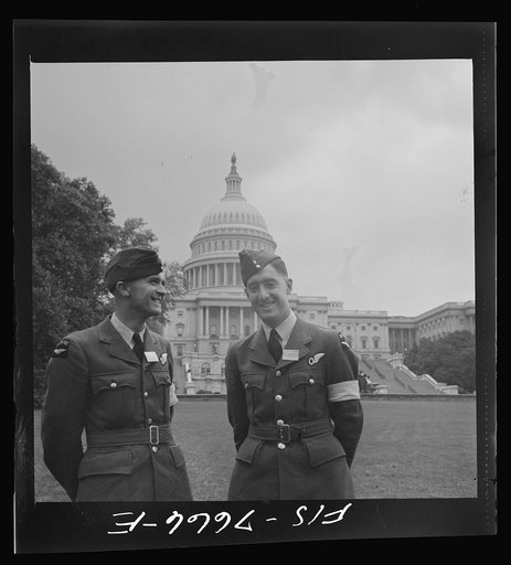 Washington, D.C. International student assembly. Delegates from New Zealand: left, pilot officer Carlysle Blackie; right, pilot officer Russell Garlick