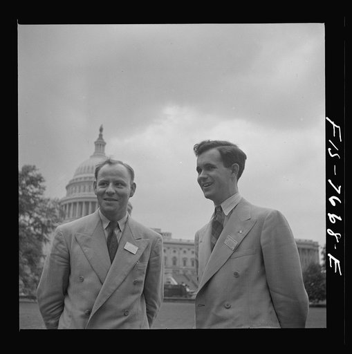 Untitled photo, possibly related to: Washington, D.C. International student assembly. Left to right: pilot officer Carlysle Blackie, a delegate from New Zealand; Thorvaldur Thorarinsson, a delegate from Iceland; Bryan J. Kellaway, a delegate from Australia; pilor officer Russell Garlick, a delegate 