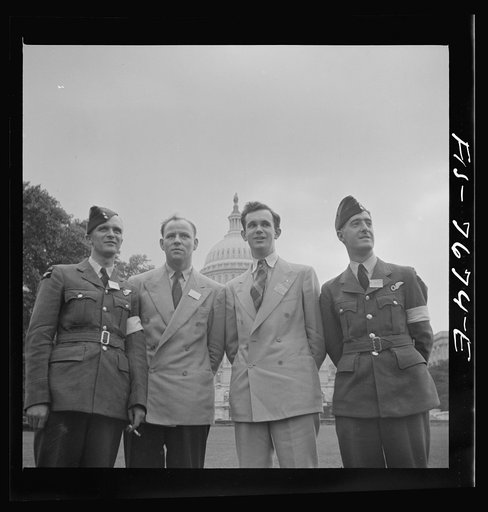 Washington, D.C. International student assembly. Left to right: pilot officer Carlysle Blackie, a delegate from New Zealand; Thorvaldur Thorarinsson, a delegate from Iceland; Bryan J. Kellaway, a delegate from Australia; pilot officer Russell Garlick, a delegate from New Zealand
