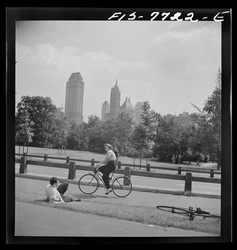 Untitled photo, possibly related to: New York, New York. Looking south across a bicycle path in Central Park on Sunday