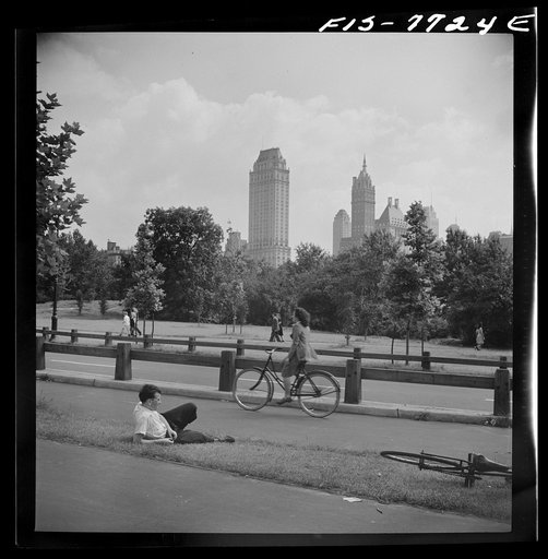 Untitled photo, possibly related to: New York, New York. Looking south across a bicycle path in Central Park on Sunday