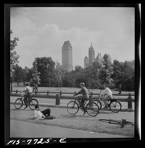 New York, New York. Bicycle path in Central Park on Sunday, looking south
