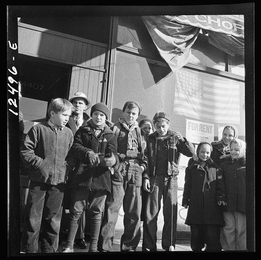 Untitled photo, possibly related to: Chicago (north), Illinois. Children bringing scrap to the block Office of Civilian Defense headquarters