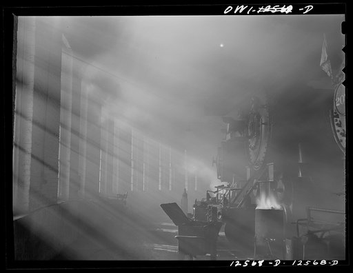 Untitled photo, possibly related to: Chicago, Illinois. In the roundhouse at a yard of the Chicago and Northwestern Railroad