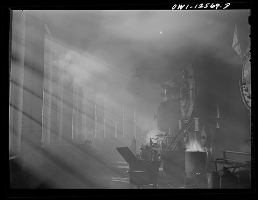 Untitled photo, possibly related to: Chicago, Illinois. In the roundhouse at a yard of the Chicago and Northwestern Railroad