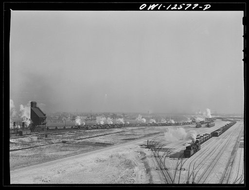 Chicago, Illinois. A long line of locomotives at the coaling station in a yard of the Chicago and Northwestern Railroad