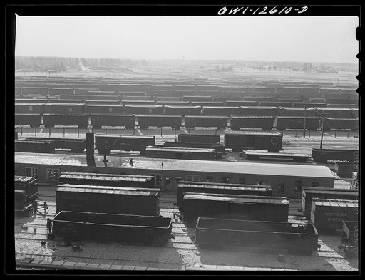 Chicago, Illinois. Cars in one of the storage yards of the Chicago and Northwestern Railroad