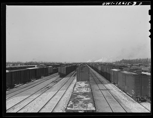 Untitled photo, possibly related to: Chicago, Illinois. Cars in one of the storage yards of the Chicago and Northwestern Railroad