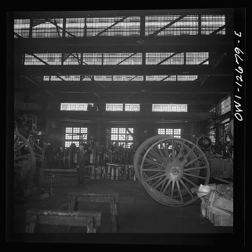 Chicago, Illinois. In the wheel shop of the Chicago and Northwestern Railroad repair shops