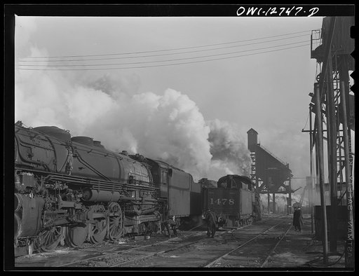 Chicago, Illinois. Locomotives over the ash pit at the roundhouse and coaling station at the Chicago and Northwestern Railroad yards