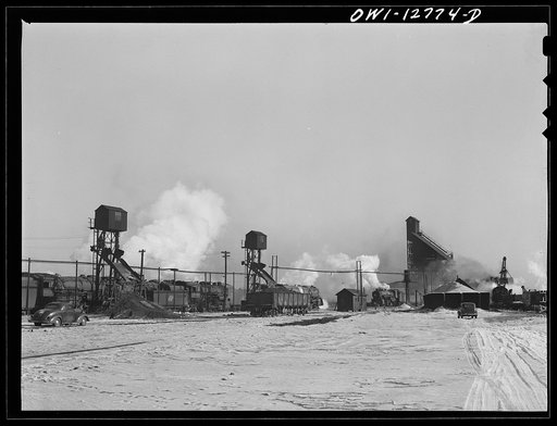 Chicago, Illinois. Locomotives at a coaling station at the Chicago and Northwestern Railroad yards