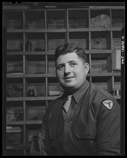 Fort Belvoir, Virginia. Constantine P. Lihas, a twenty-one year old Greek-American soldier, formerly a material handler at the General Electric Company plant at Pittsburgh. Both parents were born in Greece; father came to the United States in 1906, mother in 1921. He was born in this country and has