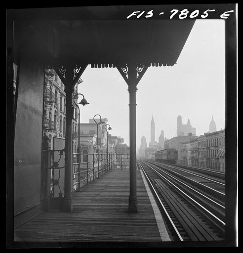 New York, New York. Looking downtown from the Third Avenue elevated railway in the "Fifties"
