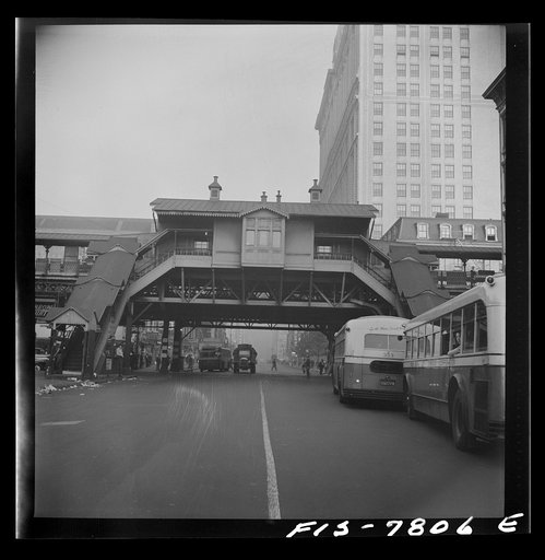 Untitled photo, possibly related to: New York, New York. 94th Street station on the Third Avenue elevated railway at 8 a.m.
