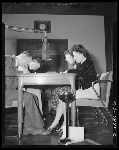 Washington, D.C. International student assembly. Left to right: Mr. Kenneth C. Sze, Mr. Gerald Tien, Miss Gwh-Fang Dyn, Miss Helen Cheng, broadcasting to China by shortwave