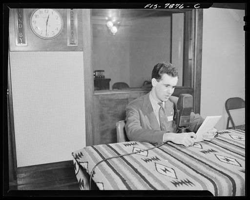 Washington, D.C. Foreign students at the international student assembly recording short talks in their native language to be broadcast by short wave, after censorship by the OWI, to Nazi-held territory. Mr. Brian Kallaway, a student at Georgetown University, School of Foreign Service, recording a sh