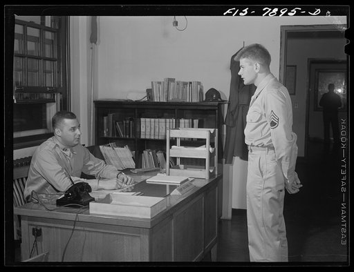 Fort Belvoir, Virginia. Sergeant George Camblair reporting to his captain