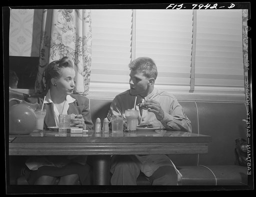 Untitled photo, possibly related to: Washington, D.C. Sergeant George Camblair taking his girl for refreshments after a dance at the United Service Organization (USO)