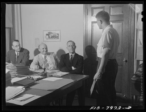 Untitled photo, possibly related to: Washington, D.C. George Camblair reporting to his Selective Service Board after receiving his notice of induction