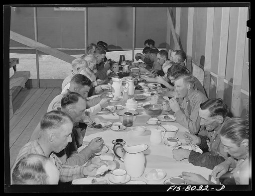 Untitled photo, possibly related to: Big Hole Valley, Beaverhead County, Montana. Haying hands eating dinner at the C-D ranch