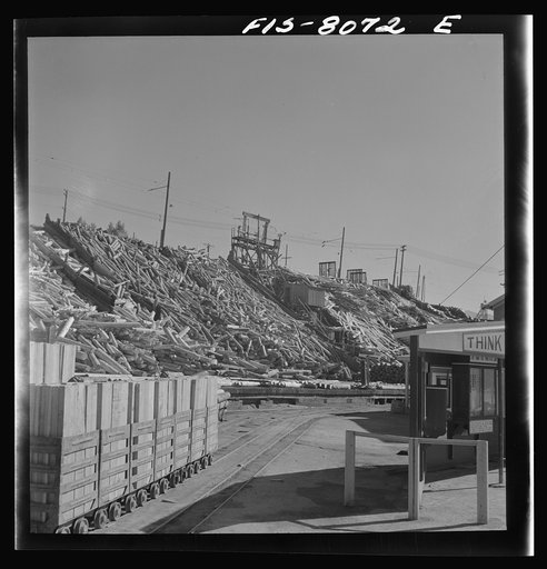Untitled photo, possibly related to: Butte, Montana. Anaconda Copper Mining Company. Yardful of timber to be used in the copper mines