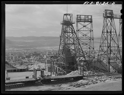 Butte, Montana. Anaconda Copper Mining Company. The town is dominated by headframes of various copper mines