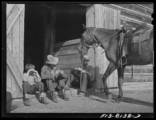 Big Hole Valley, Beaverhead County, Montana. Cowhands at the barn