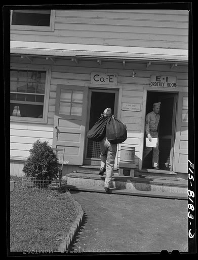 Untitled photo, possibly related to: Fort Belvoir, Virginia. George Camblair being assigned a barrack