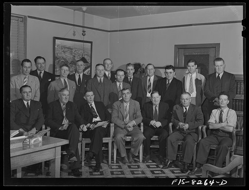 Butte, Montana. Anaconda Copper Mining Company. The victory labor-management production committee of the Butte mines meets regularly. In the back row from left to right are: J.A. Livingston, Anacnoda Copper Mining Company; E.I. Renouard, assistant general superintendent, ACM; H.J. Rahilly, assistant