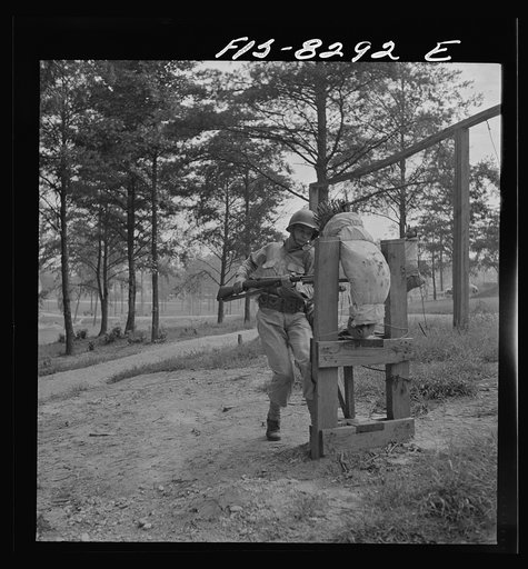 Fort Belvoir, Virginia. Sergeant George Camblair learning to use the bayonet
