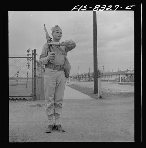 Fort Belvoir, Virginia. Sergeant George Camblair on sentry duty at camp