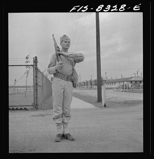 Fort Belvoir, Virginia. Sergeant George Camblair on sentry duty at camp