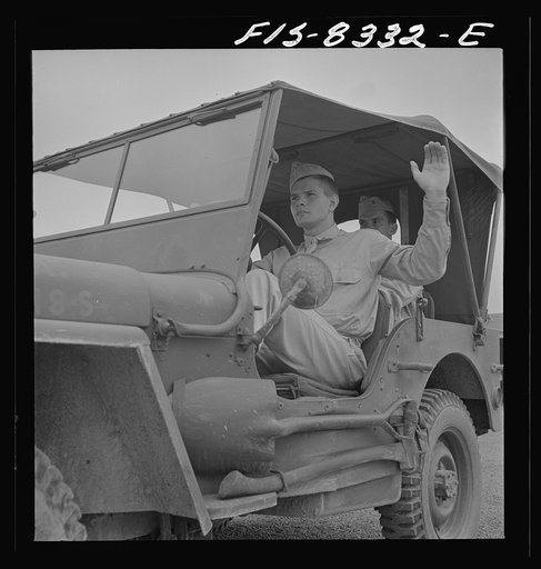 Fort Belvoir, Virginia. Sergeant George Camblair learning to drive a jeep
