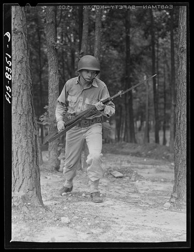 Fort Belvoir, Virginia. Sergeant George Camblair learning to use the bayonet