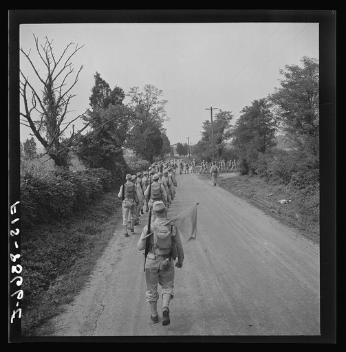 Untitled photo, possibly related to: Fort Belvoir, Virginia (vicinity). Sergeant George Camblair on a march along the road near camp