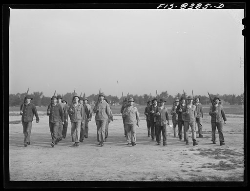 Fort Belvoir, Virginia. Sergeant George Camblair drilling with the rest of his buddies
