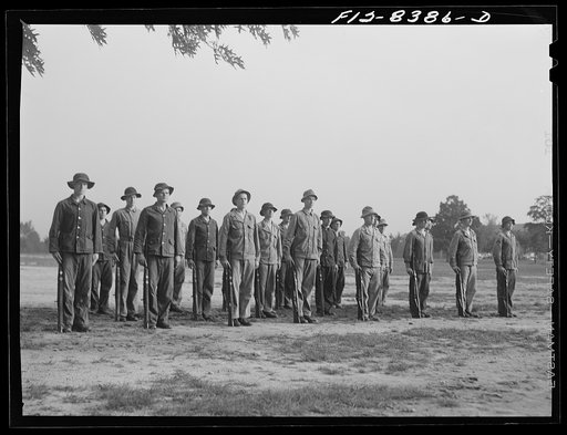 Fort Belvoir, Virginia. Sergeant George Camblair drilling with the rest of his buddies