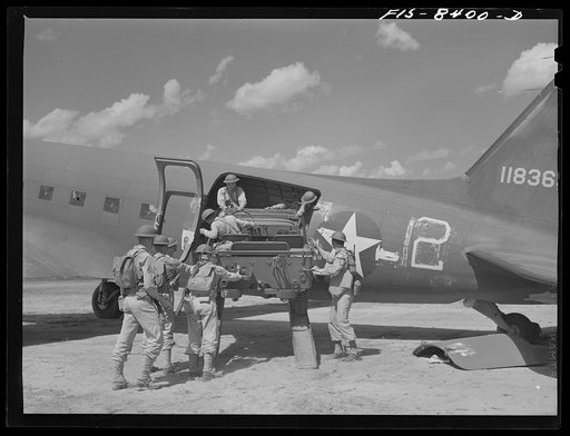 Fort Bragg, North Carolina. Unloading a jeep from a transport plane in a military demonstration