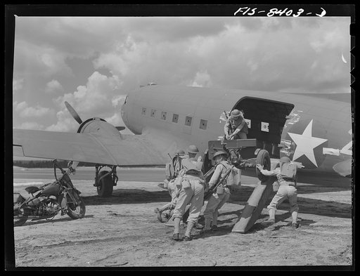 Fort Bragg, North Carolina. Unloading a 37mm gun from a transport plane in a military demonstration