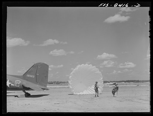 Untitled photo, possibly related to: Fort Bragg, North Carolina. Parachutist in a military demonstration