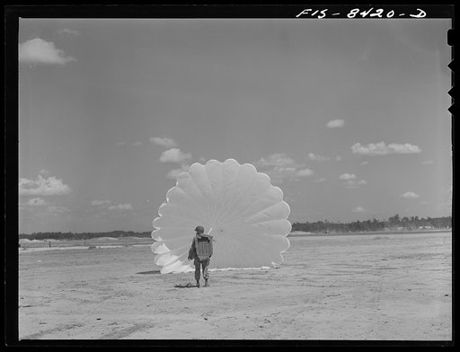 Untitled photo, possibly related to: Fort Bragg, North Carolina. Parachutist in a military demonstration