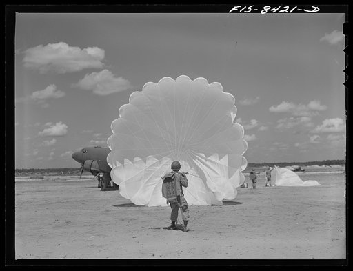 Untitled photo, possibly related to: Fort Bragg, North Carolina. Parachutist in a military demonstration