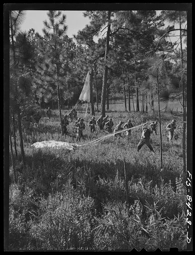 Fort Bragg, North Carolina. Parachutists advancing through the woods after landing in a military demonstration