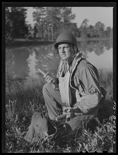 Fort Bragg, North Carolina. Parachutist with dynamite in a military demonstration